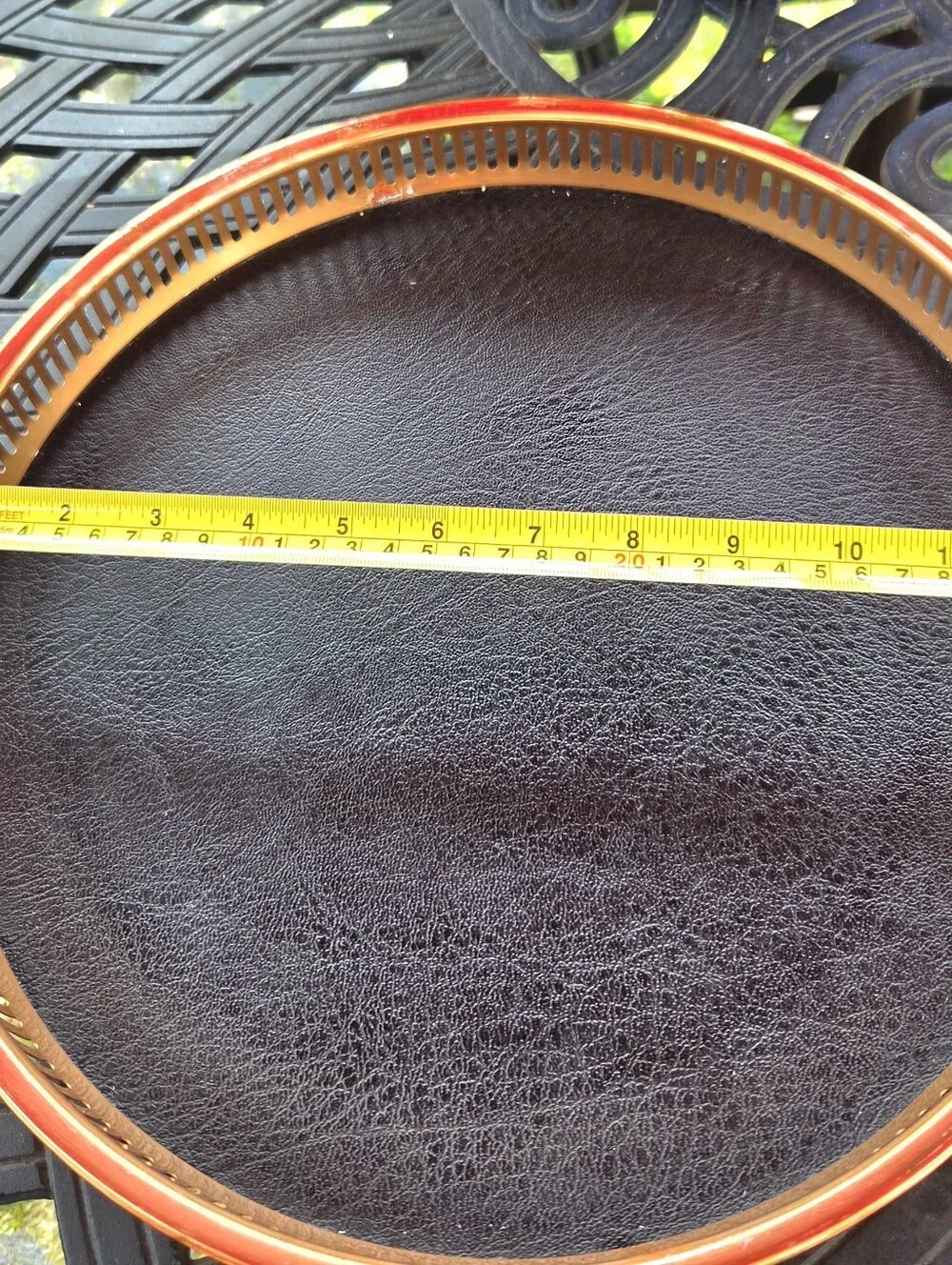 Vtg Coppercraft Guild 13” Copper Edge Round Bar Serving Tray MCM Faux Leather